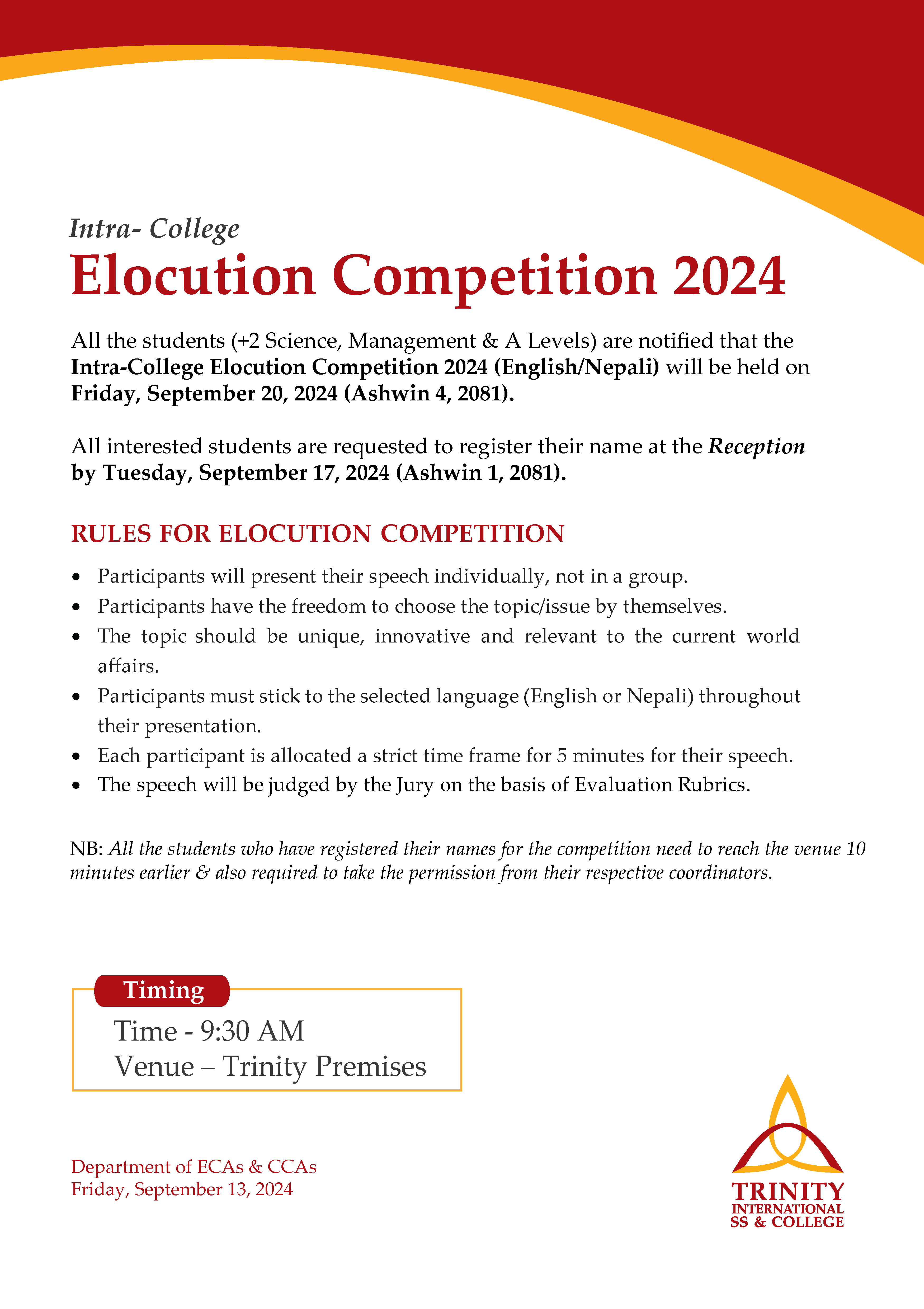 Trinity Intra-College Elocution Competition 2024